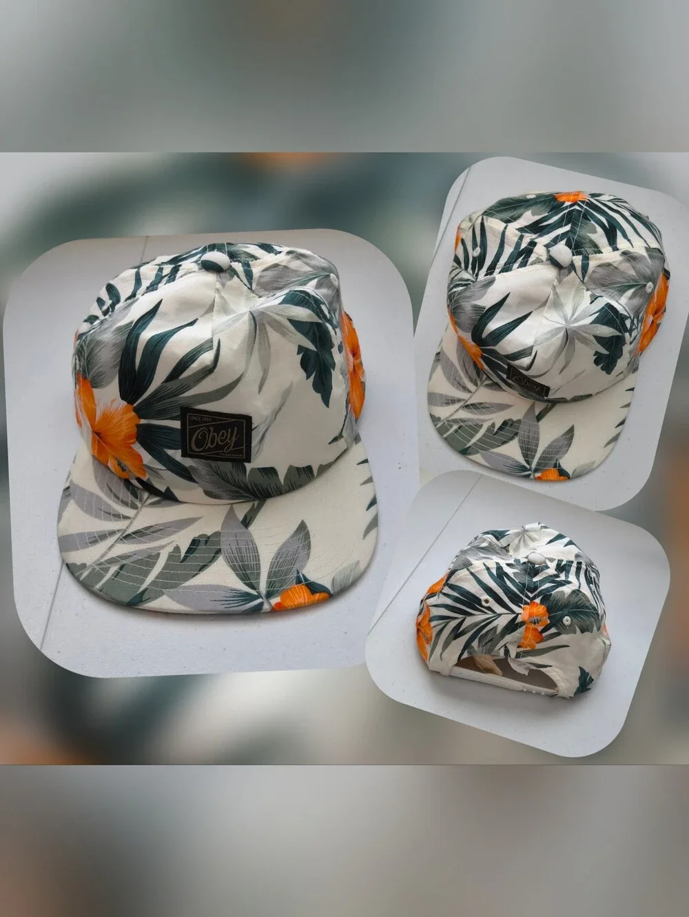 Obey Cream Snapback Hat with Green Leaves & Orange Flowers